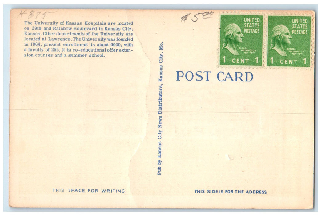 c1940's University Of Kansas Hospitals Building Kansas City Kansas KS Postcard