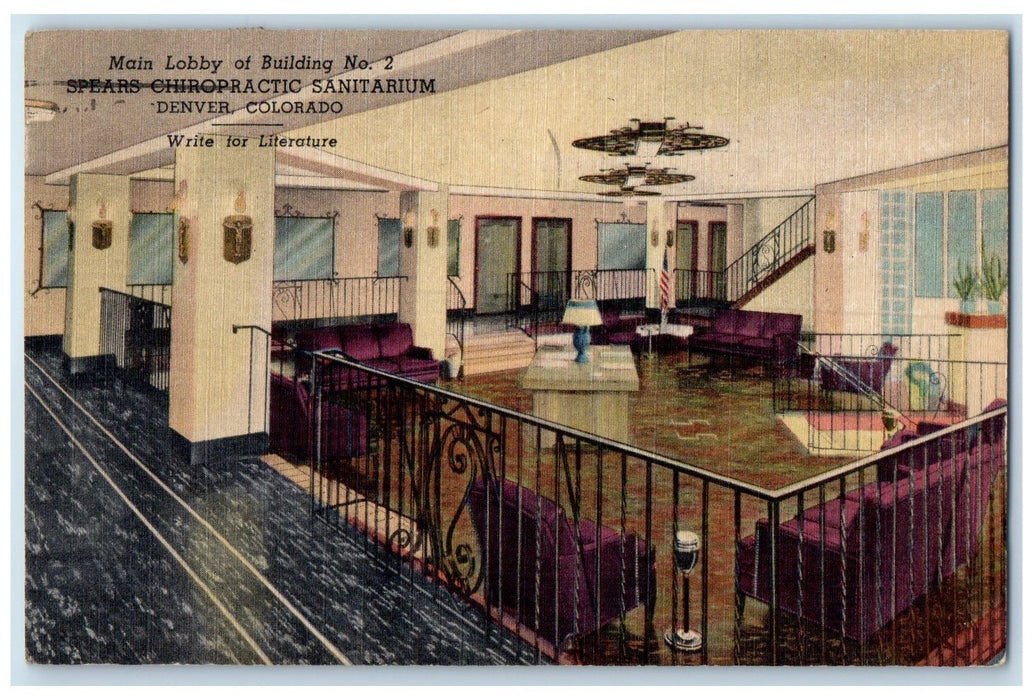 1953 Main Lobby Spears Chiropractic Sanitarium View Denver Colorado CO Postcard