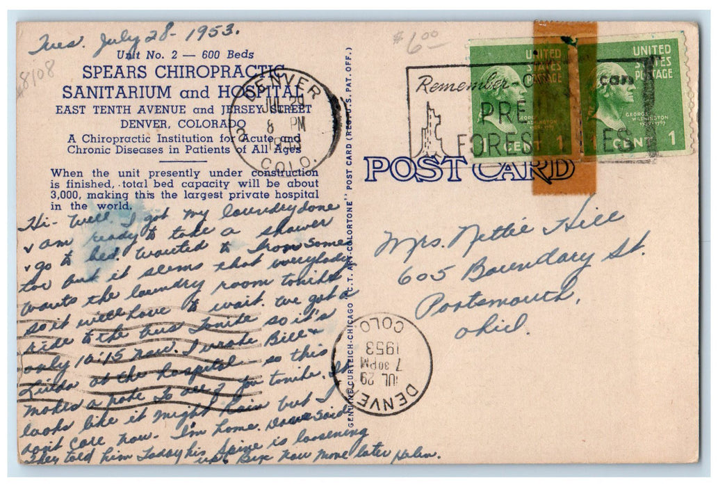 1953 Main Lobby Spears Chiropractic Sanitarium View Denver Colorado CO Postcard