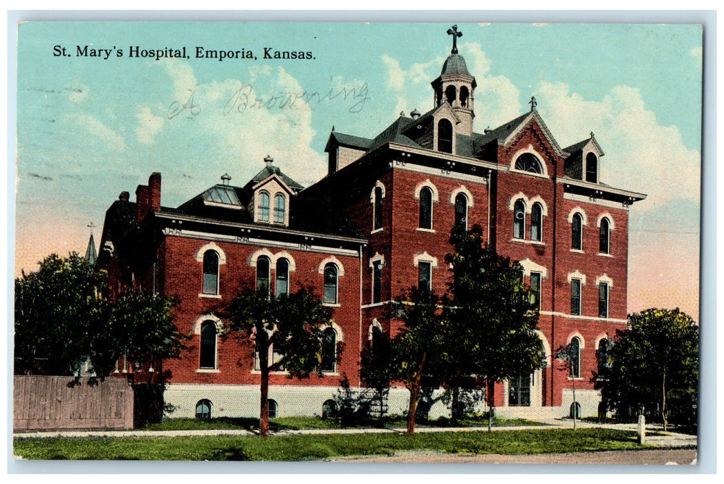 1913 St. Marys Hospital Building Cross Tower Entrance Emporia Kansas KS Postcard