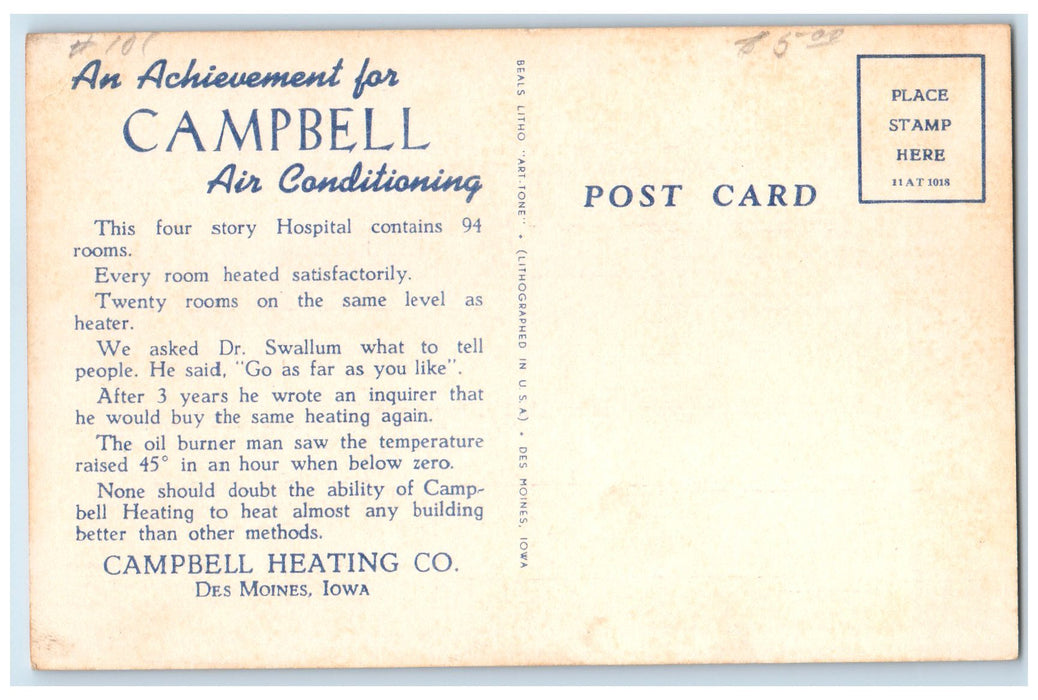 c1940's Hospital Dr. J. A. Swallum Campbell Heating Co. Storm Iowa IA Postcard