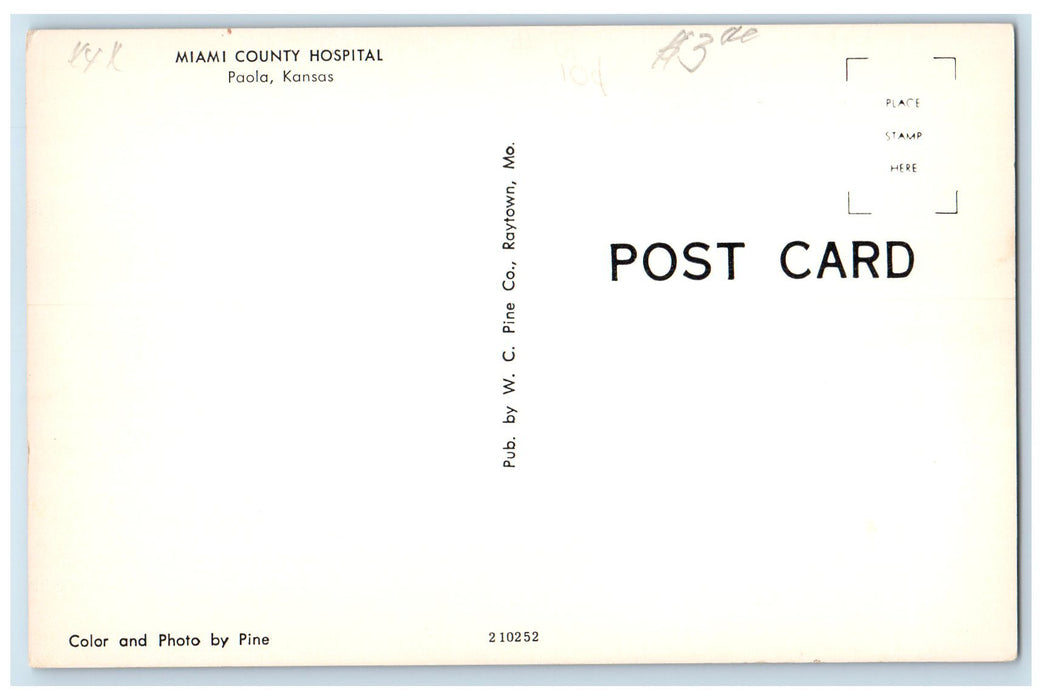 c1950's Miami County Hospital Building Grounds Paola Kansas KS Unposted Postcard