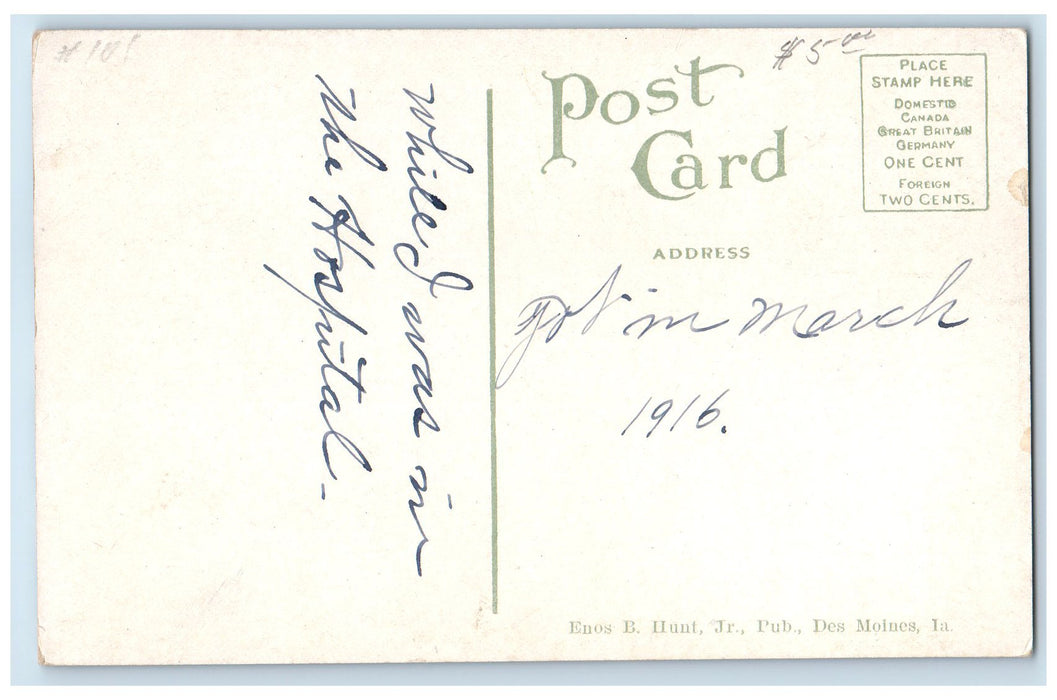 c1910 Methodist Hospital Building Classic Car Road Des Moines Iowa IA Postcard