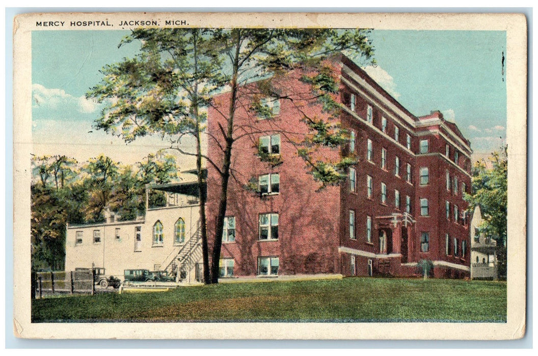 c1920's Mercy Hospital Building Classic Car Ground Jackson Michigan MI Postcard