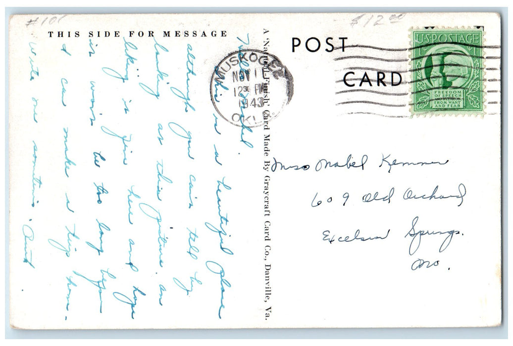 1943 United States Veterans Hospital Cannon Ground Muskogee Oklahoma OK Postcard