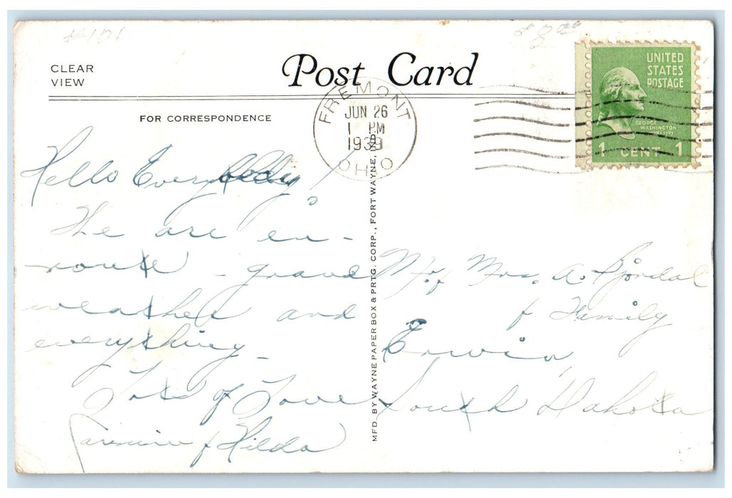 1939 Aerial View Memorial Hospital Nurses Home Building Fremont Ohio OH Postcard