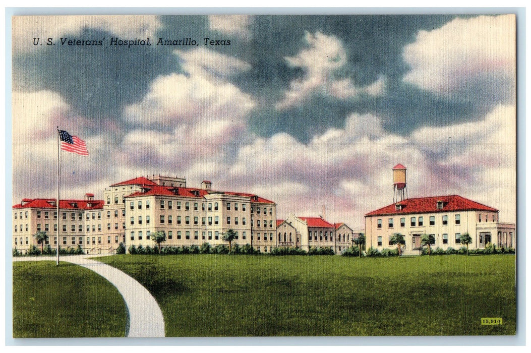 c1940's US Veteran's Hospital Building Road US Flag Amarillo Texas TX Postcard