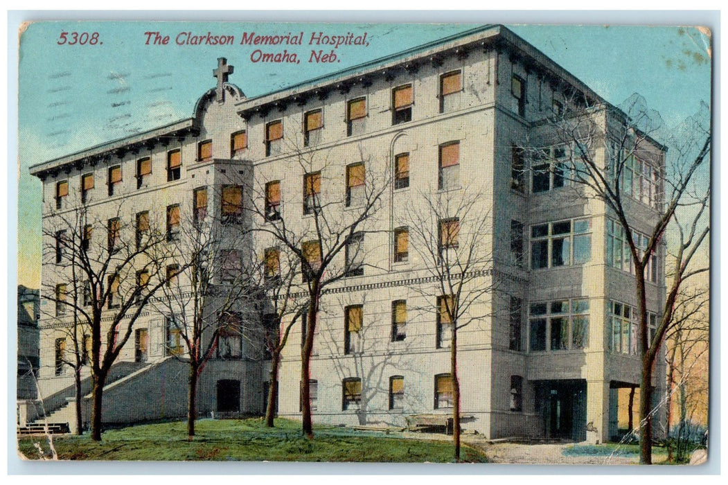 1913 Clarkson Memorial Hospital Building Entrance Omaha Nebraska NE Postcard