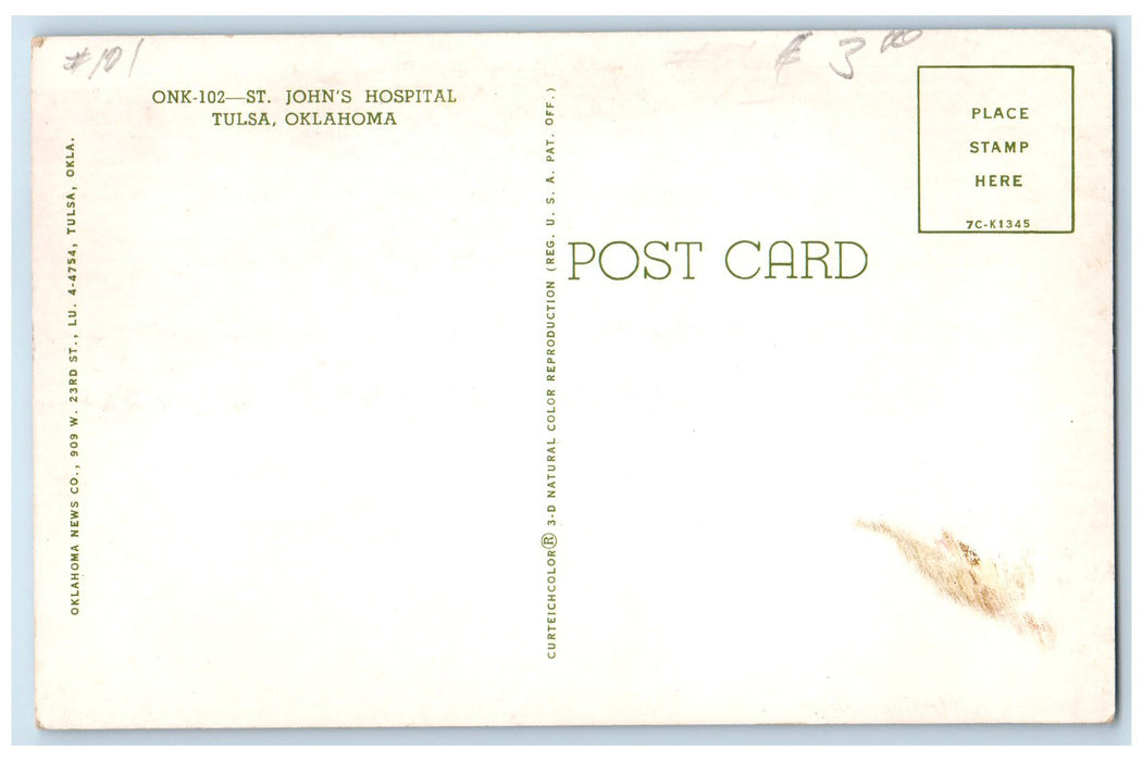 c1950 St. John's Hospital Building Classic Cars View Tulsa Oklahoma OK Postcard