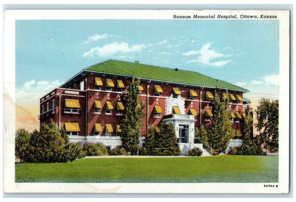 c1920 Ransom Memorial Hospital Building Steps Entrance Ottawa Kansas KS Postcard