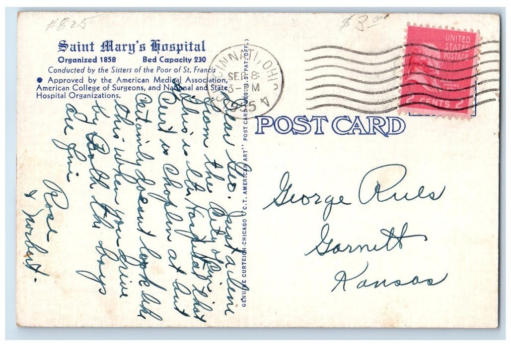 1955 St. Mary's Hospital Building Side View Roadside Cincinnati Ohio OH Postcard