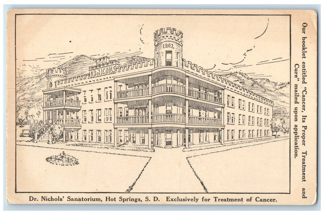 c1920's Dr. Nichol's Sanatorium For Cancer Hot Springs South Dakota SD Postcard