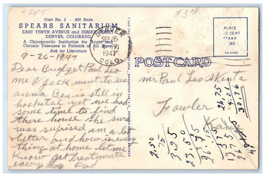 1947 Spears Sanitarium Chiropractic Institution View Denver Colorado CO Postcard