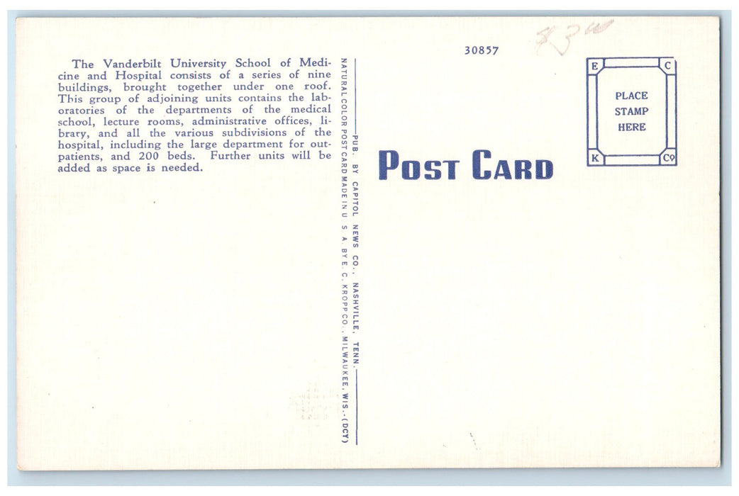 c1940 Vanderbilt Hospital Vanderbilt University Vanderbilt Tennessee TN Postcard