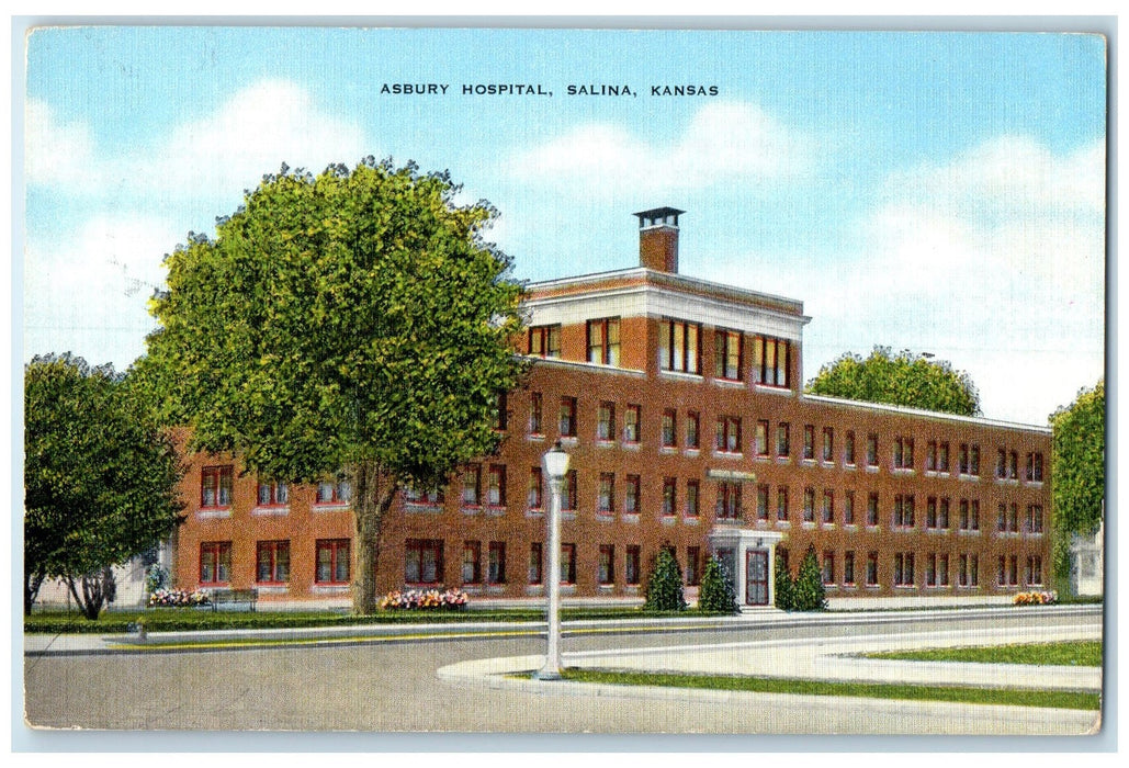 c1950's Asbury Hospital Building Roadside Flower Beads Salina Kansas KS Postcard