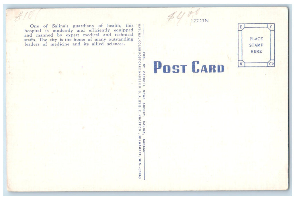 c1950's Asbury Hospital Building Roadside Flower Beads Salina Kansas KS Postcard
