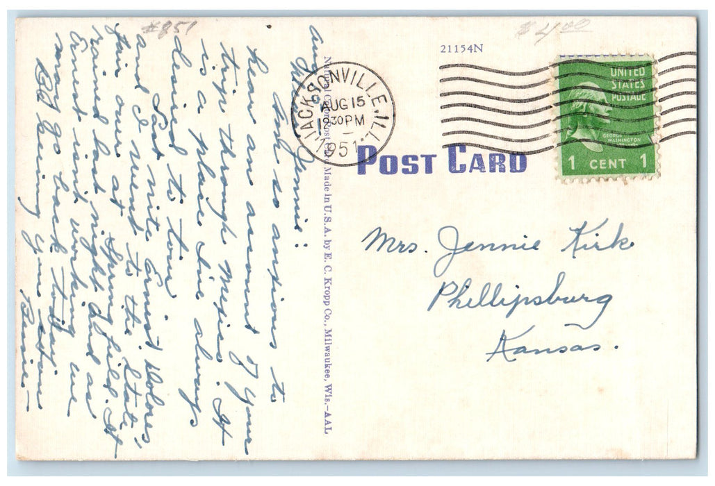 1951 Veterans Diagnostic Center At State Hospital Jacksonville Illinois Postcard