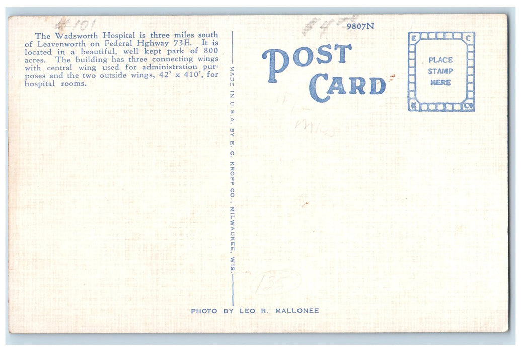 c1940's Veteran's Administration Facility Hospital Wadsworth Kansas KS Postcard