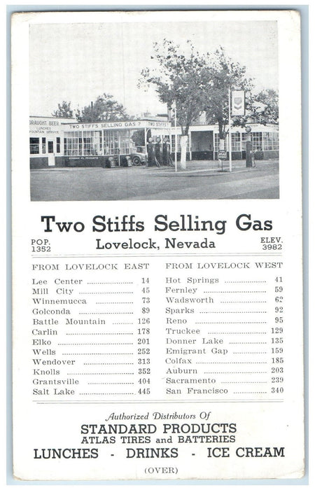 c1920's Two Stiffs Selling Gas Gasoline Station Lovelock NV Advertising Postcard