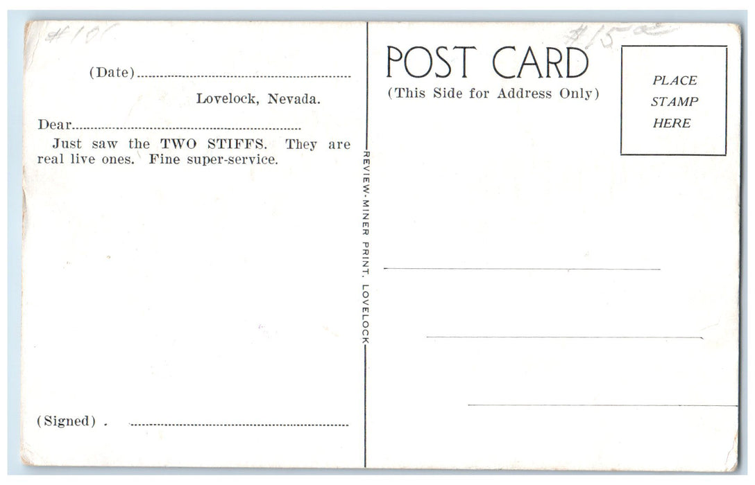 c1920's Two Stiffs Selling Gas Gasoline Station Lovelock NV Advertising Postcard