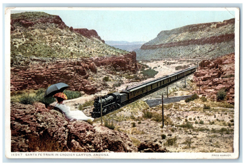 1913 Santa Fe Train In Crozier Canyon Woman On Hills View Arizona AZ Postcard