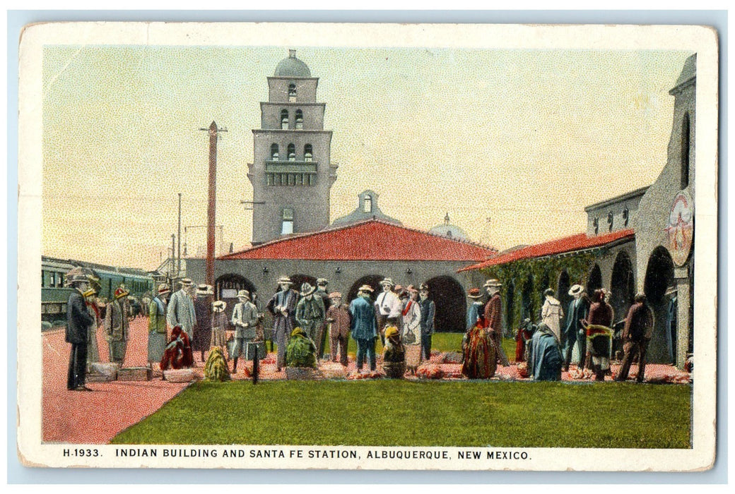 c1920's Indian Building & Santa Fe Station Albuquerque New Mexico NM Postcard