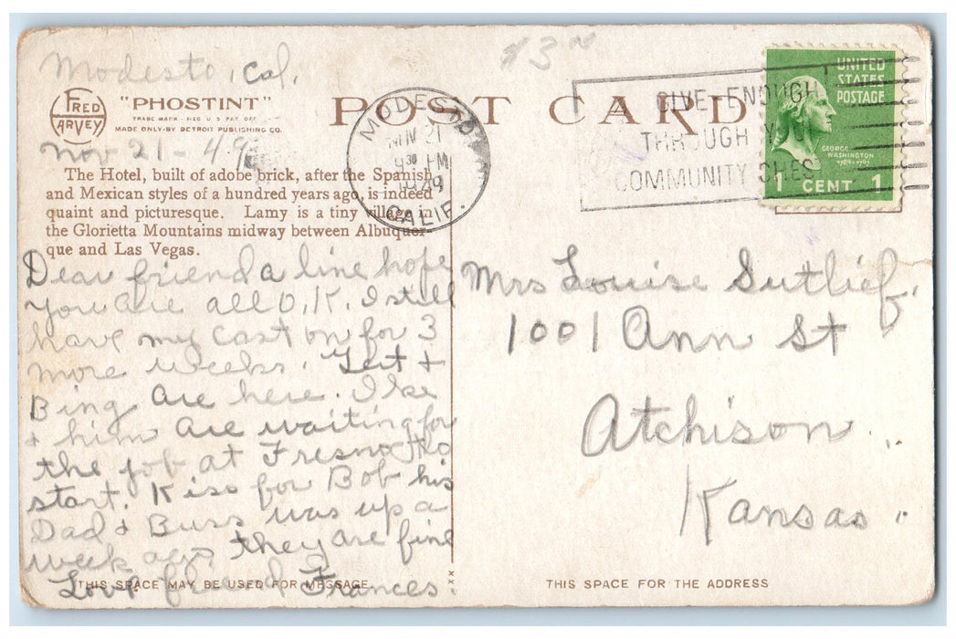 1949 El Ortiz Hotel Train Station Restaurant Passenger Building Lamy NM Postcard