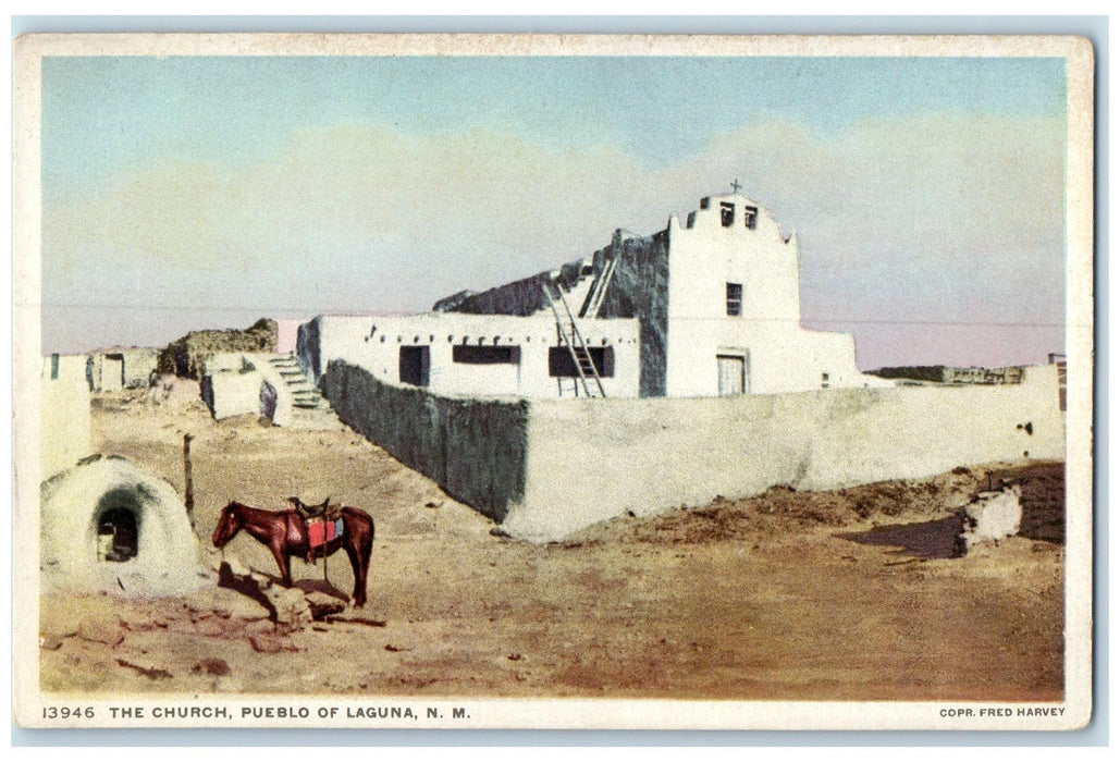 c1920's The Church Building Man & Horse Pueblo Of Laguna New Mexico NM Postcard