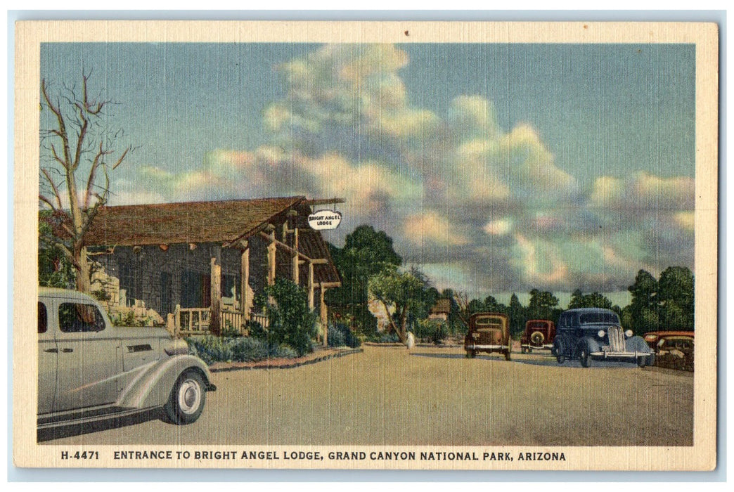 c1940's Entrance To Bright Angel Lodge Classic Cars Restaurant View AZ Postcard