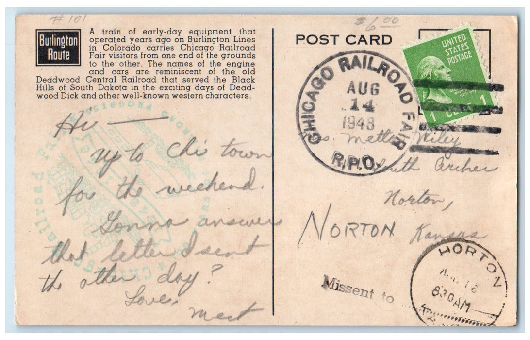 1948 Narrow Gauge Deadwood Central Train Chicago Railroad Fair View IL Postcard
