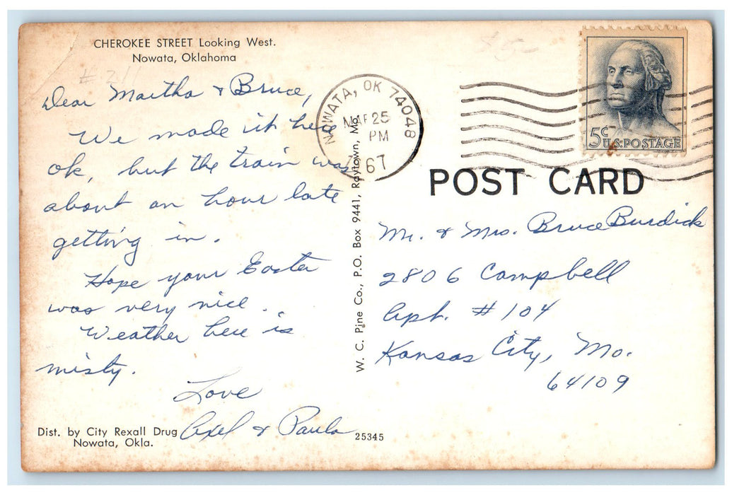 1967 Cherokee Street Looking West Shops And Cars Nowata Oklahoma OK Postcard