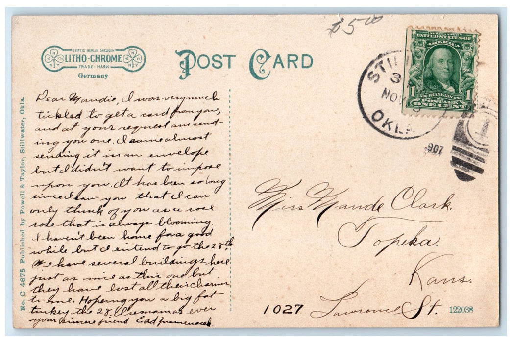 1907 Morrill Hall A. And M. College Stillwater Oklahoma OK Posted Trees Postcard