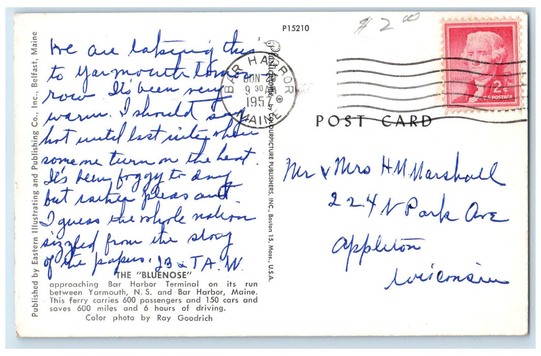 1957 Bluenose Ship Approaching Bar Harbor Terminal Bar Harbor Maine ME Postcard