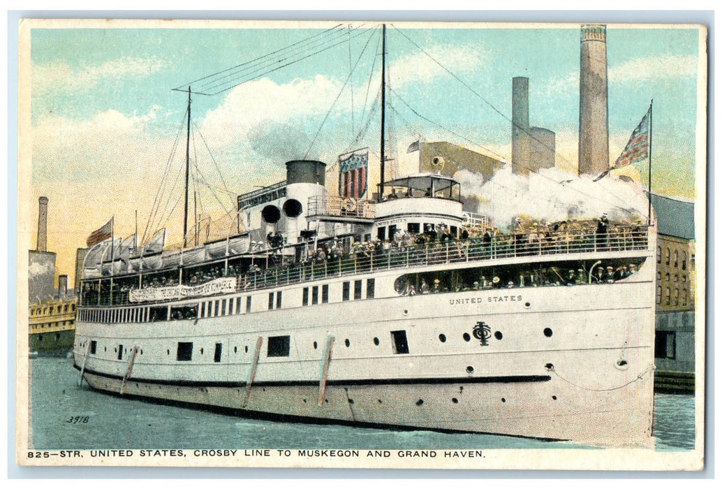 c1920 Steamer US Train Crosby Line Muskegon & Grand Haven Michigan MI Postcard