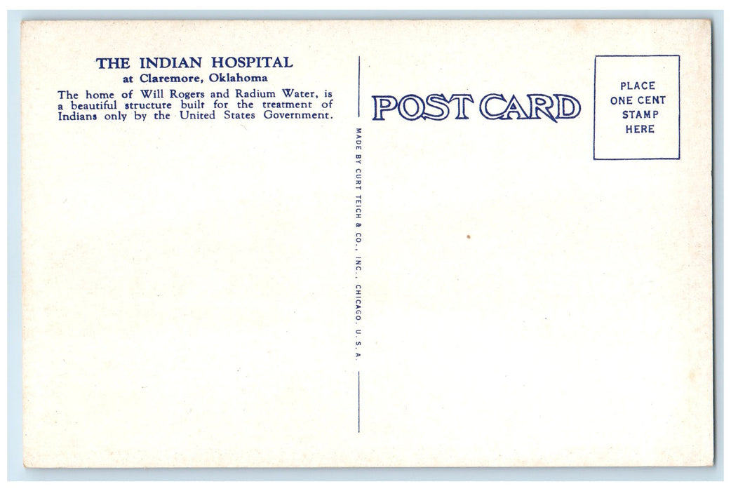 c1940s Indian Hospital Built For Treatment Of Indians Only Claremore OK Postcard