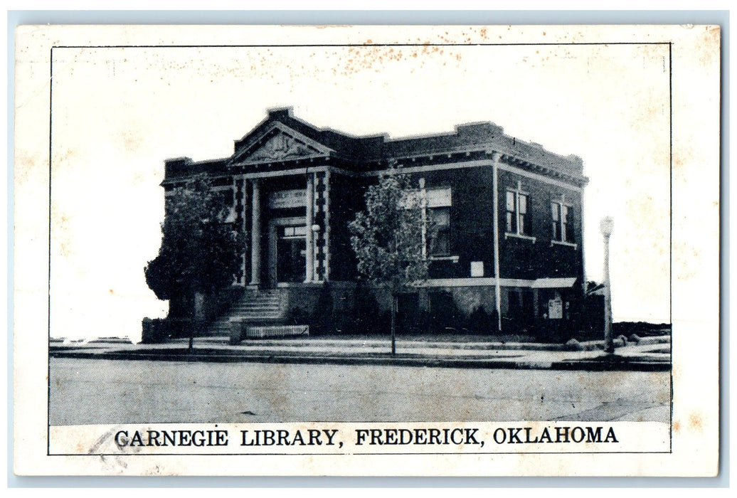 c1940's Carnegie Library Exterior Roadside Frederick Oklahoma OK Trees Postcard