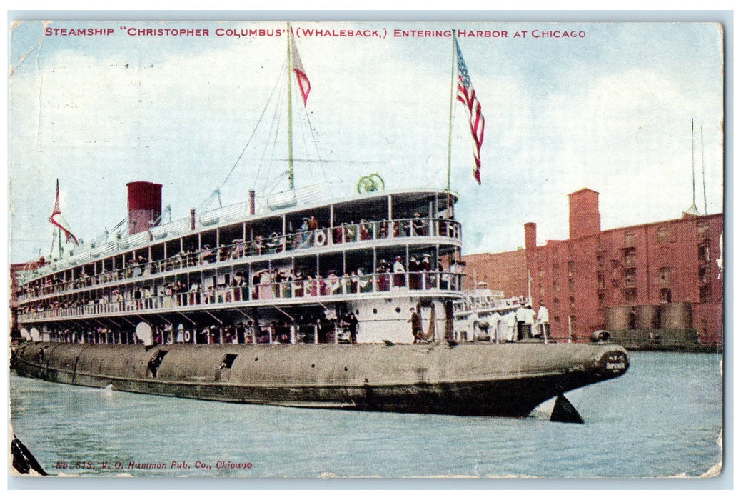 1909 Steam Ship Christopher Columbus Whale Back Enter Harbor Chicago IL Postcard