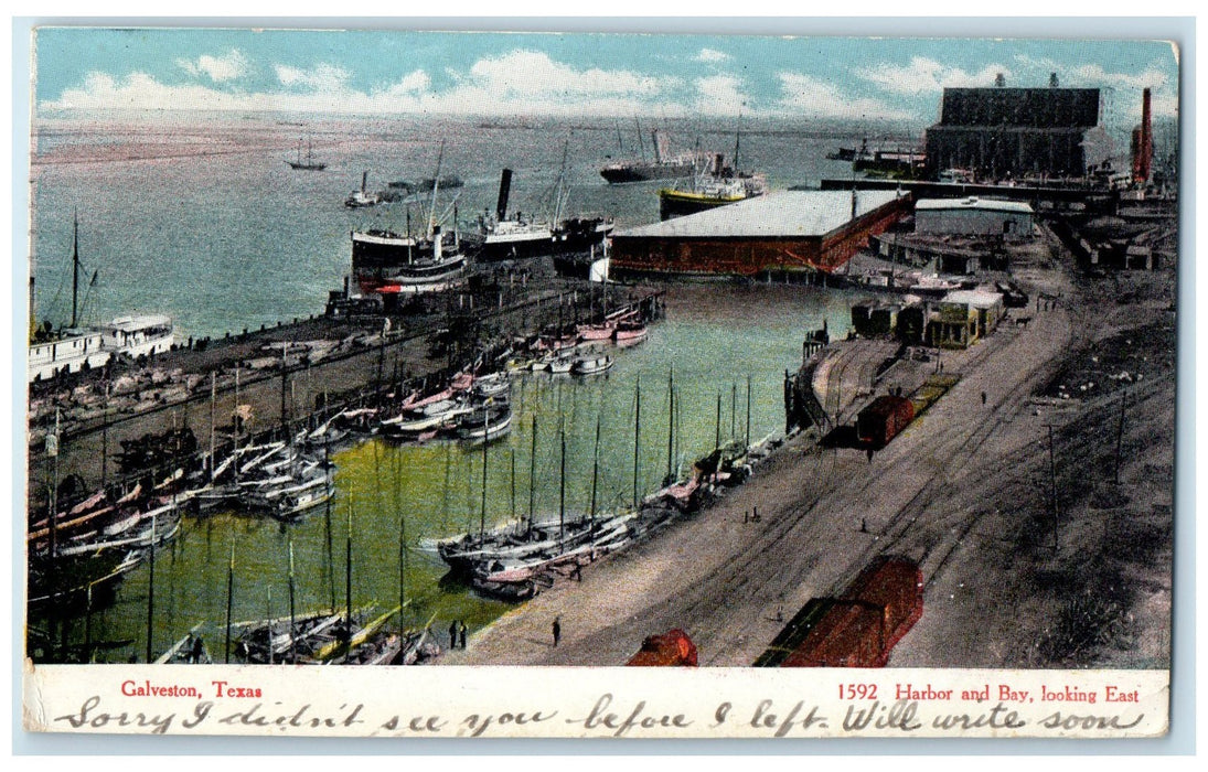 1907 Harbor & Bay Docking Ships Boats Looking East Galveston Texas TX Postcard