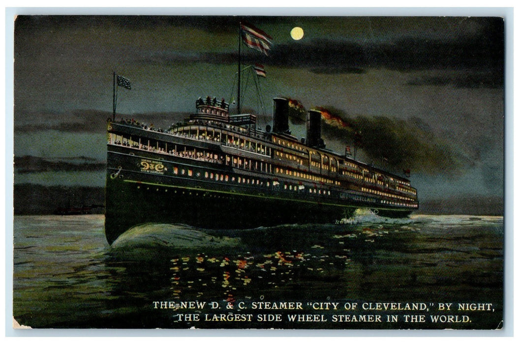 c1910 D&C Ship Steamer City Of Cleveland By Night Largest Side Wheel OH Postcard