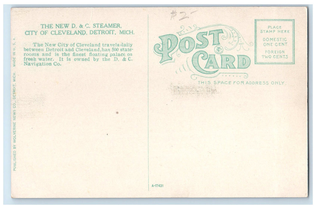 c1910 D&C Ship Steamer City Of Cleveland By Night Largest Side Wheel OH Postcard