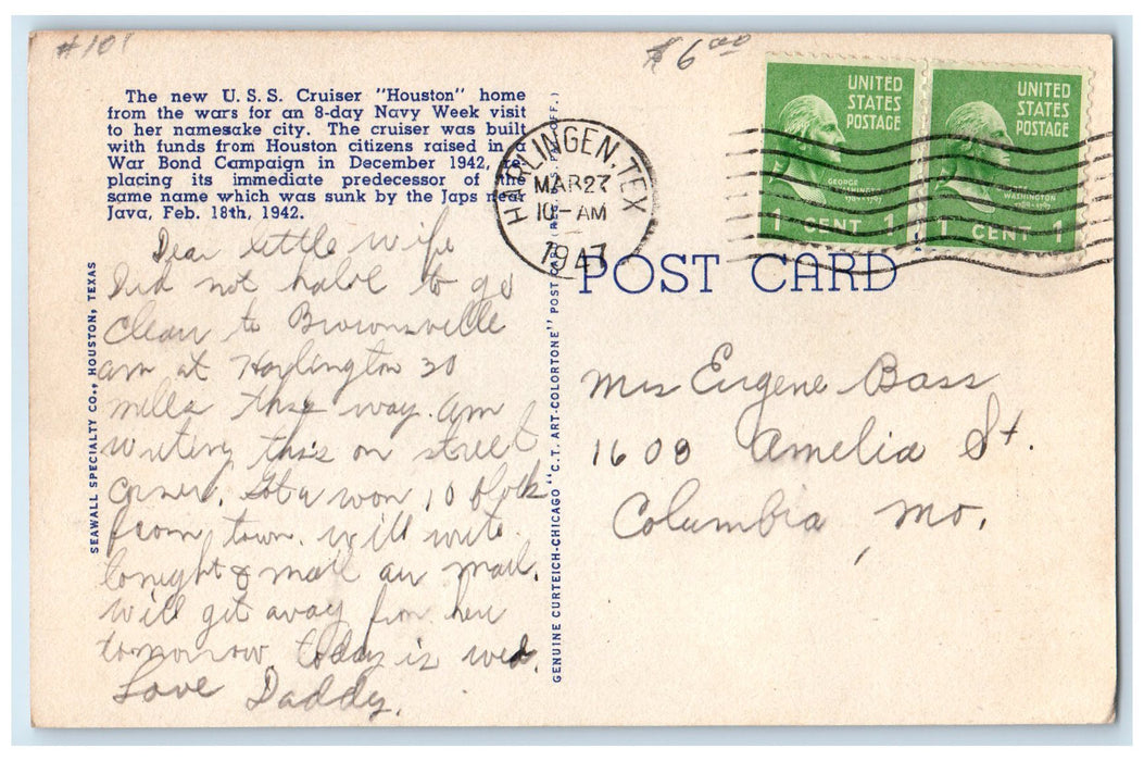 1947 The New USS Cruiser Houston War Ship View Houston Texas TX  Posted Postcard