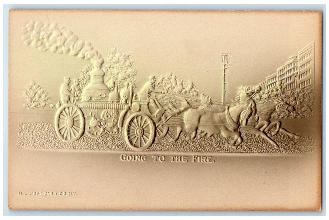 c1905 Going To The Fire Horse Wagon Engine Fireman Airbrushed Embossed Postcard