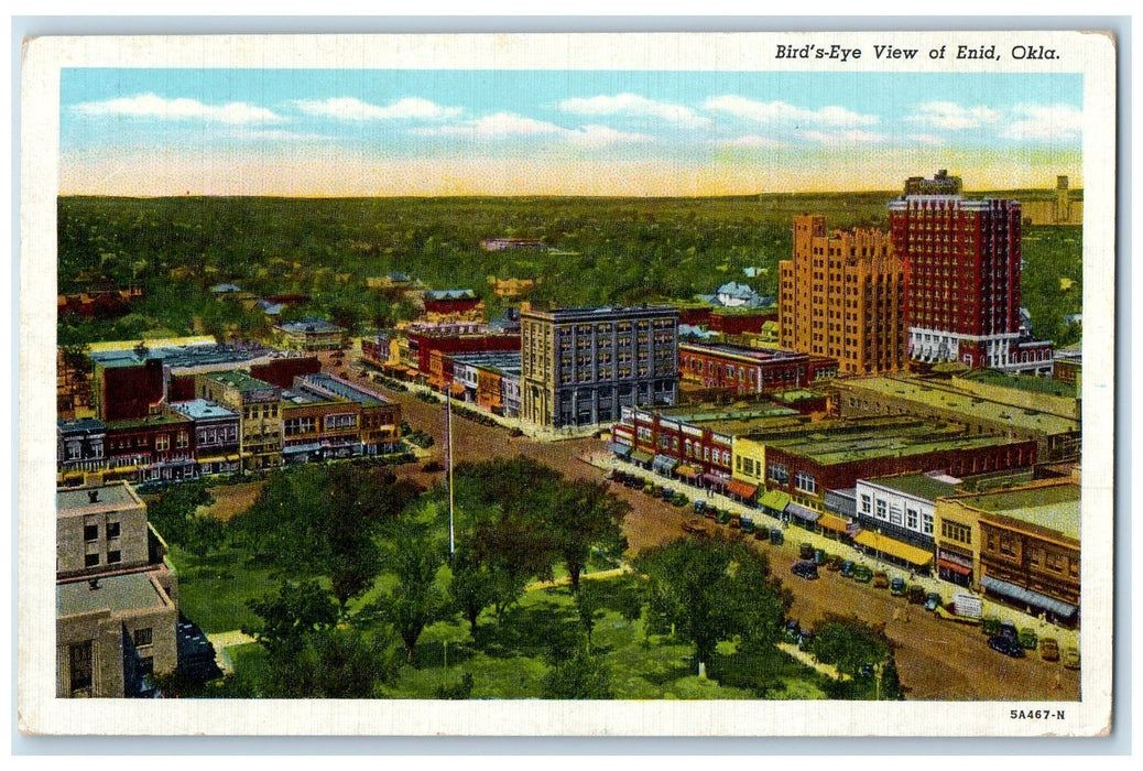 1953 Bird's Eye View Of Enid Oklahoma OK Posted Trees Cars Buildings Postcard