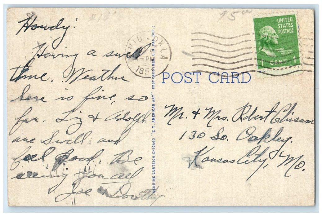 1953 Bird's Eye View Of Enid Oklahoma OK Posted Trees Cars Buildings Postcard