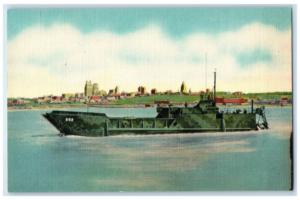 c1940 Navy Vessel Leaves Harry Darby's Shipyard Kansas City Missouri MO Postcard