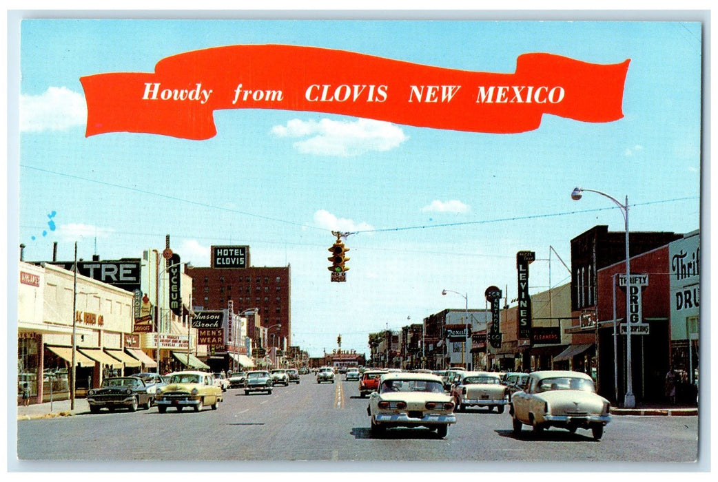 c1950's Howdy From Clovis Classic Cars Downtown Stores New Mexico NM Postcard