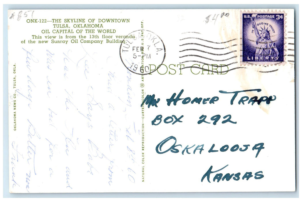 1960 The Skyline Of Downtown Oil Capital Of World Tulsa Oklahoma OK Postcard