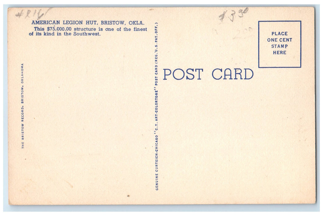 c1950's American Legion Hut Exterior Roadside Bristow Oklahoma OK Trees Postcard