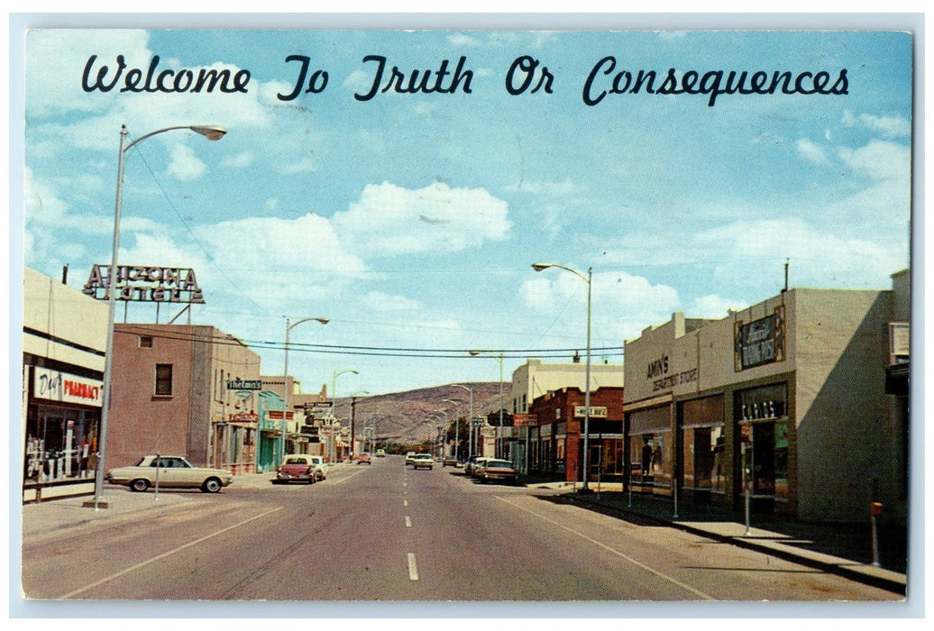 1968 Welcome Truth Or Consequences Downtown Classic Cars New Mexico NM Postcard