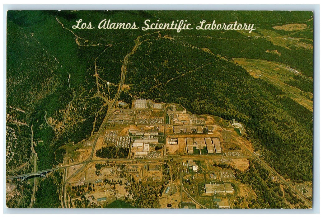 c1950 The Atomic City Aerial View Bridge Roads Los Alamos New Mexico NM Postcard